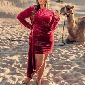 JESSAKAE Noor Dress Velvet Magenta Stretch Front Panel Drape Sash Women's XL NWT